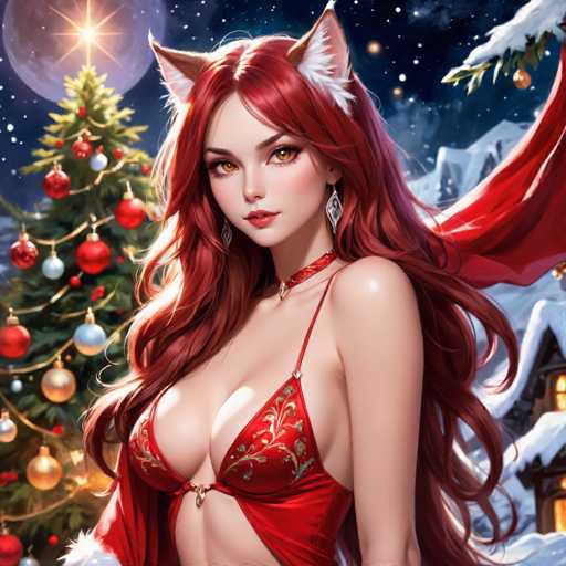 The image depicts a woman with long red hair wearing a red dress and strapless bra. She is standing against the backdrop of a Christmas tree adorned with ornaments and lights, suggesting that it's the holiday season. The scene also includes a full moon in the background, adding to the festive atmosphere.