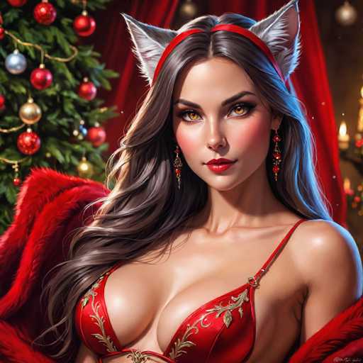 The image depicts a woman with long brown hair wearing a red bra and earrings. She is positioned against a backdrop of a Christmas tree adorned with red and gold ornaments, as well as a red fur coat draped over her shoulders. The scene suggests that the photo was taken during the holiday season.