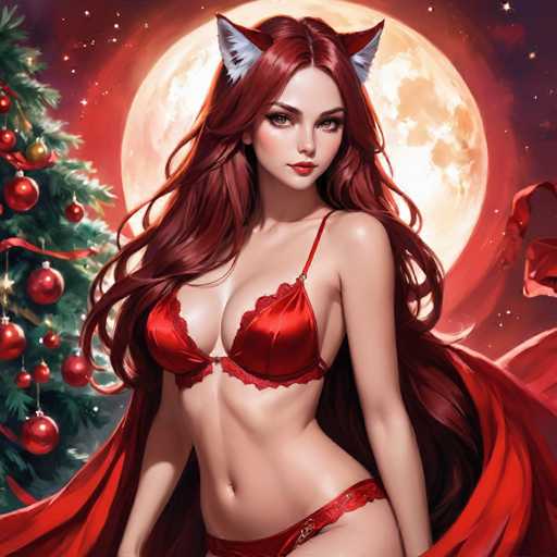 A woman with long red hair is shown wearing a red bra and panties against the backdrop of a full moon and Christmas tree decorated with red and gold ornaments.