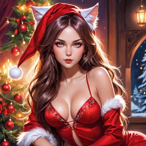 A woman with long brown hair is wearing a red dress and a Santa hat. She has her arms crossed over her chest and is looking directly at the camera. The background features a Christmas tree adorned with red and gold ornaments, and there are white snowflakes falling from the sky.