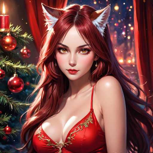 The image depicts a woman with long red hair wearing a red dress and a gold braided updo. She is positioned against the backdrop of a Christmas tree adorned with red and gold ornaments, and a candle can be seen on the tree. The colors in the image are predominantly red, white, and gold, creating a festive atmosphere.