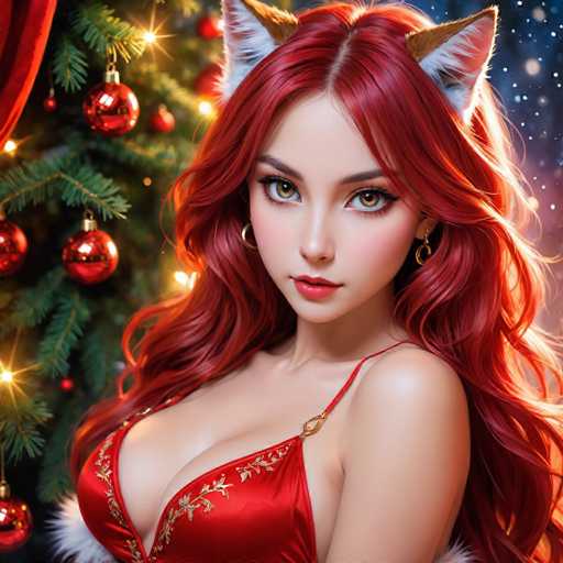 The image depicts a woman with red hair and a red dress standing next to a Christmas tree adorned with red and gold ornaments. The background is dark blue with white snowflakes falling from the sky.