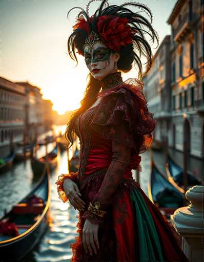 A woman dressed in an elaborate Venetian-style costume stands on a boat in Venice, Italy, with the setting sun casting a warm glow over the cityscape and reflecting off the water.