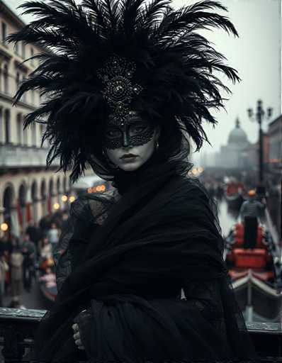 A woman is standing on a balcony with her back to the camera, wearing a black feathered headdress and a long black dress that reaches down to her knees. The balcony has a railing running along it, and in the background there are buildings visible through the windows of one of them.