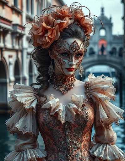 A woman is standing on a bridge with an orange and white mask covering her face. She is wearing a long dress that has ruffles down the front and a headpiece made of flowers. The background features a building with arched windows and a clock tower in the distance, suggesting this scene takes place in a city or town setting.
The woman's attire includes a gold necklace and earrings, adding to her regal appearance.