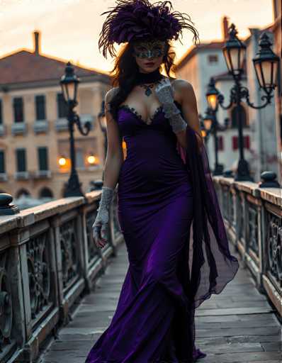 A woman is walking on a bridge at sunset, wearing a purple dress and a feathered mask. She has her hand resting on her hip as she gazes off into the distance. The setting sun casts a warm glow over the scene, highlighting the architectural details of the buildings in the background.