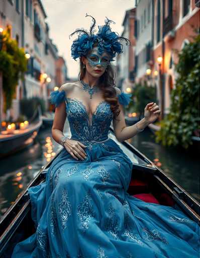 A woman is seated on a gondola in Venice, Italy, wearing a blue dress with intricate beading and a large headpiece adorned with feathers. The gondola is filled with other gondolas, creating a sense of movement and life as the boats navigate through the canals.