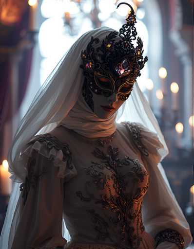 A woman is standing against a backdrop of a large window with red curtains and candles inside the room. She is wearing an ornate mask that features a black headpiece adorned with jewels and a white veil. The mask has a long train trailing behind her as she gazes directly into the camera, creating an air of mystery and intrigue.