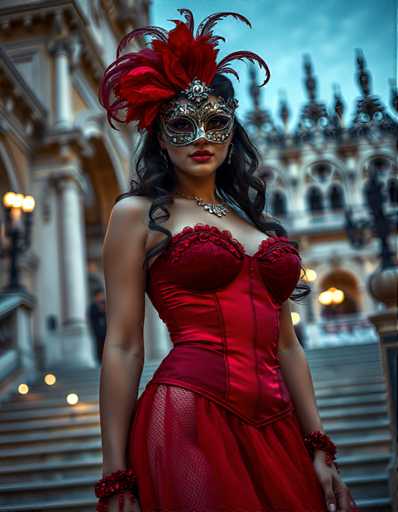 A woman is standing on a staircase with her back to the camera and wearing a red corset, feathered mask, and red dress that matches the color of the feathers on her headpiece. The background features an ornate building with columns and arches, suggesting it could be a historic or architectural landmark.