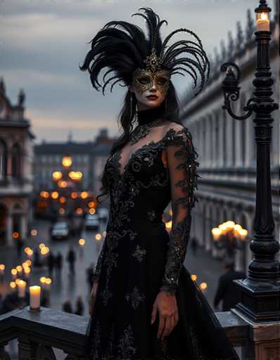A woman stands on a balcony with her back to the camera, wearing a black dress adorned with gold embroidery and a feathered headdress. The balcony is situated in front of a building with ornate architecture, suggesting an urban setting.