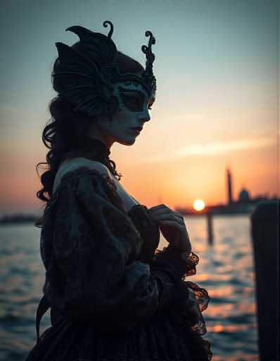 A woman is captured in a moment of solitude on a pier at sunset. She wears a black and gold mask that conceals her face, adding an air of mystery to the scene. The setting sun casts a warm glow over the water, creating a beautiful contrast with the cool blue sky above. In the distance, a tall tower can be seen against this backdrop.