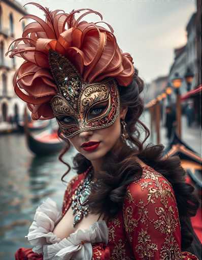 A woman is wearing an ornate Venetian mask and a red dress with gold accents while standing on the deck of a gondola boat. The boat has a white canopy and is filled with people enjoying their ride down the river.