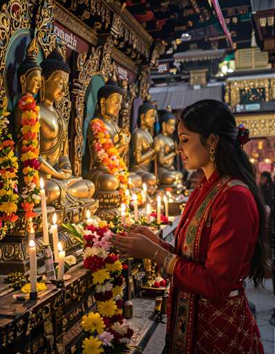 A young woman dressed in traditional Indian clothing stands before a shrine adorned with colorful flowers and candles, holding a bouquet of pink and white flowers as she bows her head in prayer.