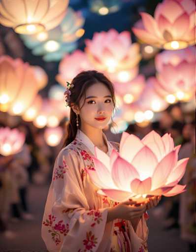 A young woman stands in front of a crowd holding a large pink lotus flower lantern with lit candles inside it. The background is filled with other people and floating lanterns, creating an atmosphere of celebration or festivity.