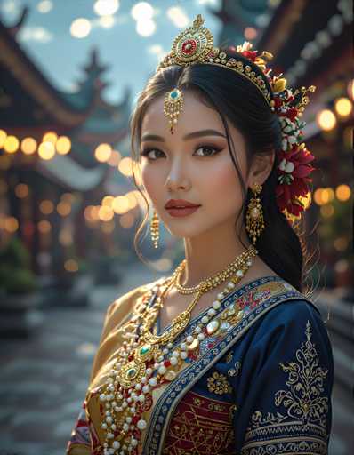 The image shows a woman wearing traditional Chinese clothing and jewelry. She is standing on a street with buildings visible behind her. The background features lights that create a warm glow, adding to the overall atmosphere of the scene.