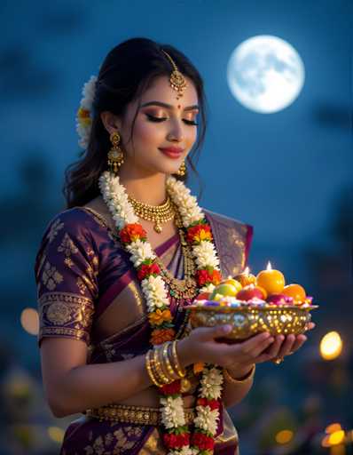 A woman is standing against a backdrop of a full moon and trees with yellow leaves. She is wearing traditional Indian attire consisting of a purple saree adorned with gold embroidery and a gold necklace. The woman holds a large bowl filled with fruit in her hands.
