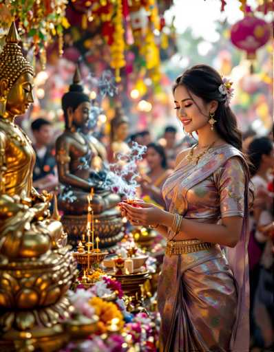 A woman dressed in a pink and gold sari is standing before a statue of Buddha, holding an incense stick and lighting it with a matchstick. The scene takes place at a temple or shrine, where the woman appears to be participating in a religious ceremony.
