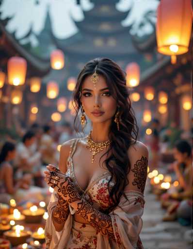 A woman with long brown hair wearing a white dress and gold jewelry stands in front of lanterns that cast a warm glow on the scene. The background is filled with people engaged in various activities, creating an atmosphere of celebration or festivity.