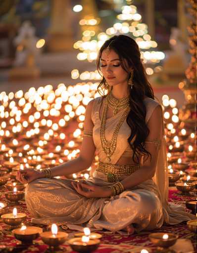 A woman is seated on a red carpeted floor, dressed in traditional Indian attire and holding a lit candle. The room around her is filled with numerous candles of varying sizes and colors, creating a warm and inviting atmosphere.
