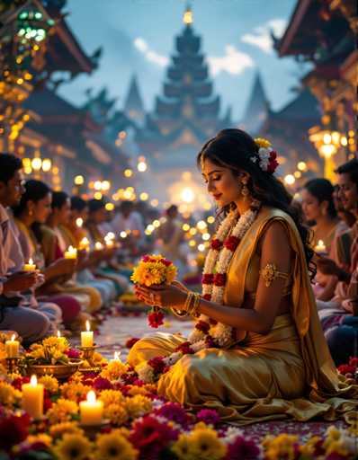A woman dressed in traditional Indian attire is seated on a mat adorned with flowers and candles, holding a bouquet of flowers in her hands. The setting appears to be an outdoor event or gathering, as evidenced by the presence of other people sitting around her.