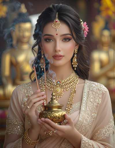 A woman is standing in front of a golden statue with her hair styled in an elegant updo and wearing a gold necklace and earrings. She holds a small golden bowl in her hands.