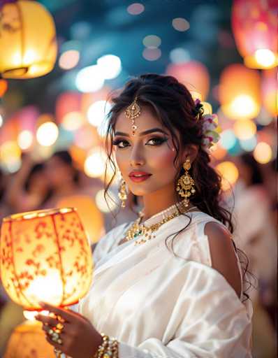 A woman is standing against a backdrop of colorful lanterns and lights, holding a large orange lantern with gold accents. She is wearing a white dress and gold jewelry, including earrings and a headpiece. The background is blurred, but the focus remains on her as she holds the lantern in front of her face.