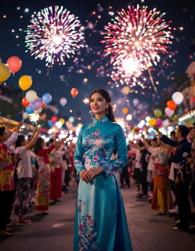 A woman stands in front of a crowd of people holding colorful balloons and fireworks against the backdrop of a city skyline at night.