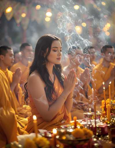 A woman dressed in an orange robe is seated at a table with candles and offerings, surrounded by other people wearing similar robes who appear to be monks.