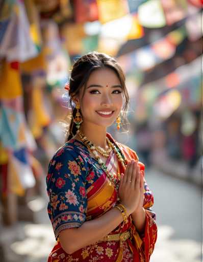 A young woman is standing on a street wearing traditional Indian clothing and holding her hands together in front of her face with a smile on her lips. The background features colorful flags hanging from the buildings, adding to the vibrant atmosphere of the scene.