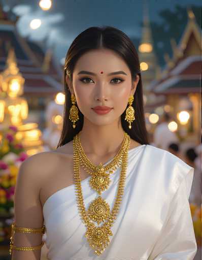 A woman is standing against a backdrop of a temple at night. She is wearing a white dress and gold jewelry that includes earrings and a necklace. The image has a dreamy quality to it, with the lights from the temple illuminating her face in a soft glow.