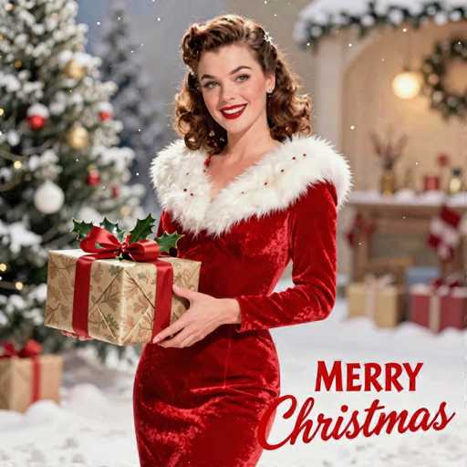 The image features a beautiful woman dressed in an old-fashioned red dress, standing next to a Christmas tree. She is holding a gift box and smiling at the camera. The setting appears to be indoors with a fireplace visible behind her. The overall atmosphere of the scene suggests that it could be a holiday celebration or a festive gathering.
