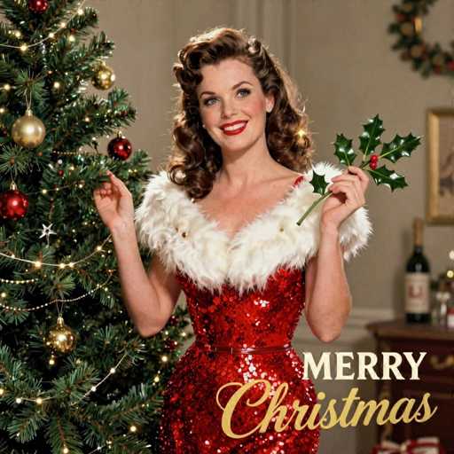The image features a beautiful woman dressed in a red sequined dress, standing next to a Christmas tree. She is holding a holly leaf and smiling for the camera. The scene appears festive with various decorations around her, including a wine bottle on a table nearby. The overall atmosphere of the image conveys a sense of joy and celebration during the holiday season.