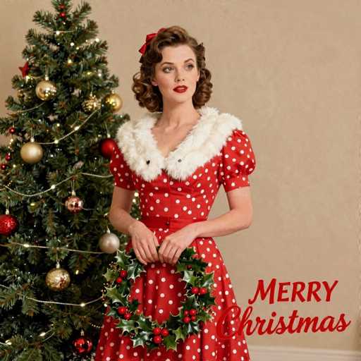 The image features a beautiful woman dressed in an old-fashioned red dress with white fur collar and a matching red bow. She is standing next to a Christmas tree, which has various ornaments on it. The woman appears to be posing for the picture while holding a wreath in her hand. The background of the photo also includes some lights that add to the festive atmosphere.