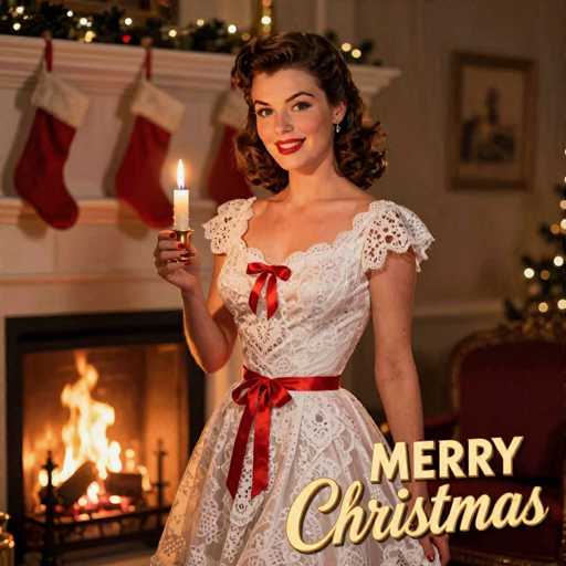 The image features a beautiful woman dressed in an elegant white dress with red ribbons, standing next to a fireplace. She is holding a lit candle and smiling at the camera. The room has a cozy atmosphere, as there are two chairs placed nearby and a couch further back in the scene. A potted plant can also be seen on one side of the room.