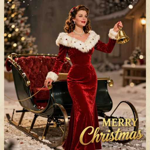 The image features a beautiful woman dressed in an elegant red dress, standing next to a sled with Christmas decorations. She is holding a bell and appears to be enjoying the festive atmosphere. The scene suggests that she might be participating in a holiday celebration or event involving sleigh rides and bells.