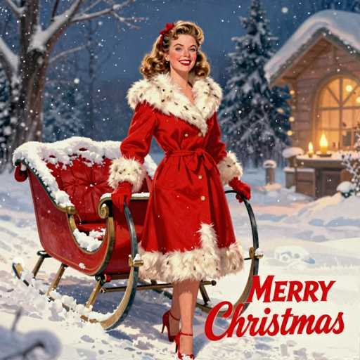 The image features a woman dressed in a red coat and white fur trim, standing on a sled with her hands on the reins. She is smiling as she looks towards the camera. The background of the image shows a snowy landscape with trees, giving off a wintery atmosphere. There are also two candles visible in the scene, adding to the festive ambiance. The overall setting appears to be a holiday-themed advertisement or illustration.