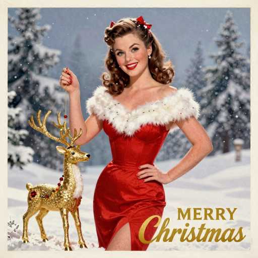 The image features a beautiful woman dressed in a red dress and fur coat, standing on snow-covered ground. She is holding a gold deer antler, which adds an elegant touch to her outfit. The setting appears to be a snowy landscape with trees surrounding the scene. In the background, there are Christmas decorations visible, suggesting that this image might have been taken during the holiday season.