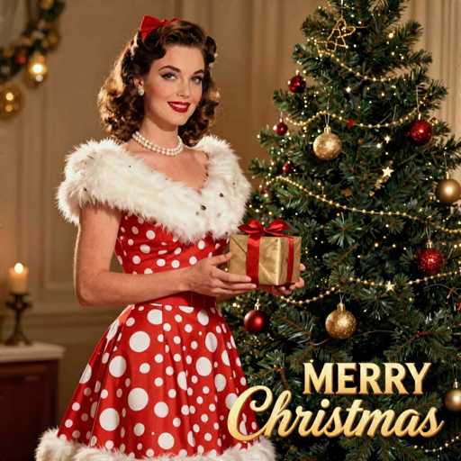 The image features a woman dressed in a red and white polka dot dress, standing next to a Christmas tree. She is holding a gift box with a ribbon around it, which adds to the festive atmosphere of the scene. The background includes a fireplace that complements the overall holiday theme.