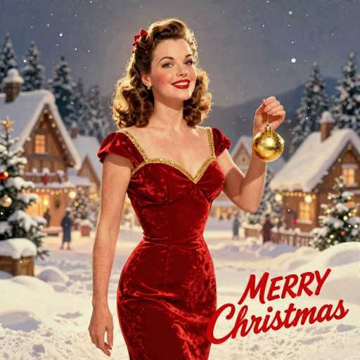 The image features a beautiful woman dressed in an elegant red dress, standing on snow-covered ground. She is holding a gold ornament and smiling at the camera. The scene takes place during the holiday season, as indicated by the presence of Christmas trees nearby. The overall atmosphere suggests that it might be a winter holiday celebration or a festive occasion.