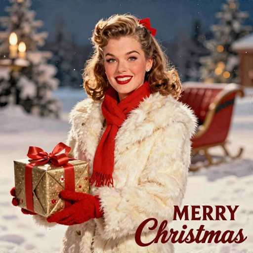 The image features a woman dressed in an old-fashioned style, standing on snow and holding a gift box. She is wearing a white fur coat with a red scarf around her neck, which adds to the vintage look of the scene. The background includes trees covered in snow, creating a festive atmosphere for the holiday season.