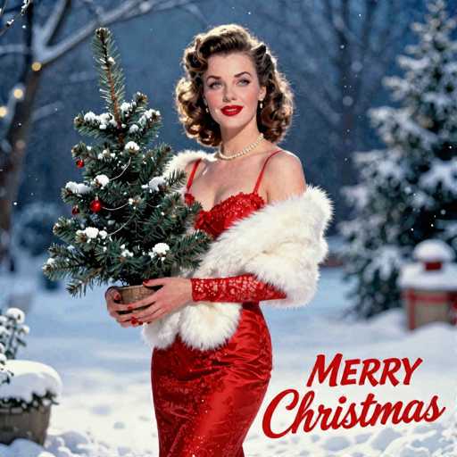 The image features a beautiful woman dressed in an elegant red dress, standing on snow-covered ground. She is holding a small Christmas tree and wearing a white fur stole around her neck. The scene appears to be set during the holiday season, as indicated by the text "Merry Christmas" written above the woman's head.