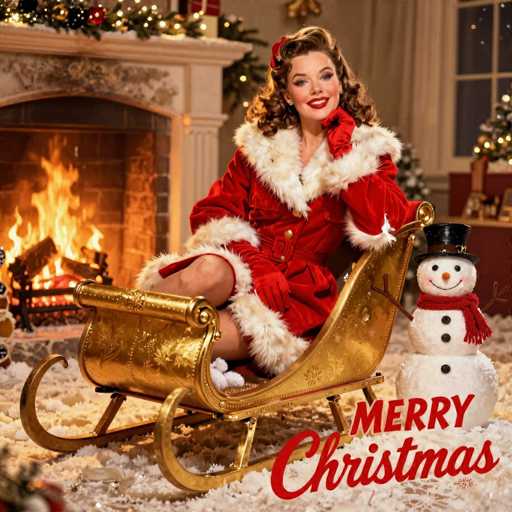 The image features a woman dressed in a red coat and hat, sitting on top of a gold sleigh. She is smiling and appears to be enjoying her time as she sits by the fire. In front of her are two snowmen, one with a carrot nose and another with a stick for arms. The scene creates an atmosphere of holiday cheer and festive fun.