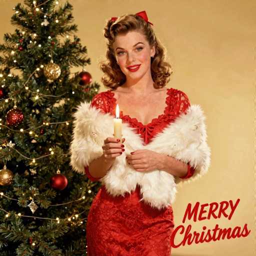 The image features a beautiful woman dressed in an elegant red dress, standing next to a Christmas tree. She is holding a lit candle and appears to be posing for the picture. The background of the photo has a yellowish hue, which complements her outfit and adds warmth to the scene. The overall atmosphere seems festive and joyful, with the holiday spirit captured in this image.