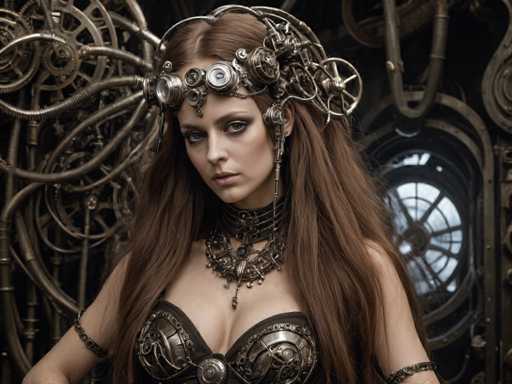 A woman with long brown hair wearing a large headdress and a corset is the main subject of this image. The background features an intricate metal machine with gears and pipes, suggesting that she might be in a workshop or industrial setting.