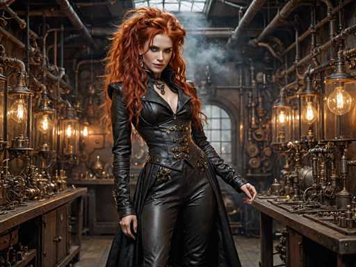 A woman with red hair and a black leather outfit stands in front of a large window that offers a view of a steam room filled with pipes and machinery. The steam room is illuminated by multiple light fixtures hanging from the ceiling, creating an industrial atmosphere.
