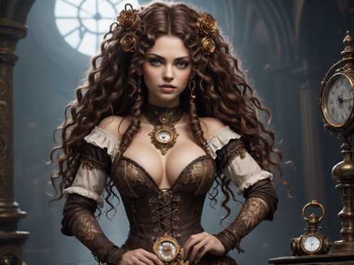 A woman with long brown hair and a corset is standing in front of a clock on the wall. She has a gold necklace around her neck and is wearing a corset that is black and gold. The room she's in appears to be a museum or an old-fashioned setting, as there are other clocks visible in the background.
