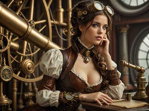 A woman dressed in a steampunk-inspired outfit with a white corset and brown leather bustle is seated at a desk, wearing a pair of goggles and holding her chin thoughtfully as she gazes off to the side. The background features an array of gold gears and clocks, suggesting a setting that could be a workshop or a museum dedicated to steampunk art and history.
