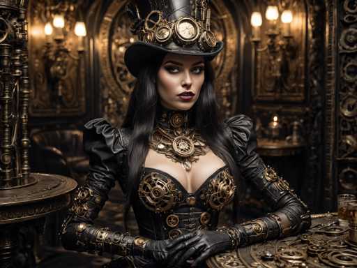 The image depicts a woman wearing a steampunk-style outfit with a black top hat and corset, as well as gloves and boots. She is seated at a table covered in gears and other mechanical objects, suggesting she may be working on or studying these items. The background features a dark room with gold accents, including a clock and chandelier, which further emphasizes the steampunk theme of the image.