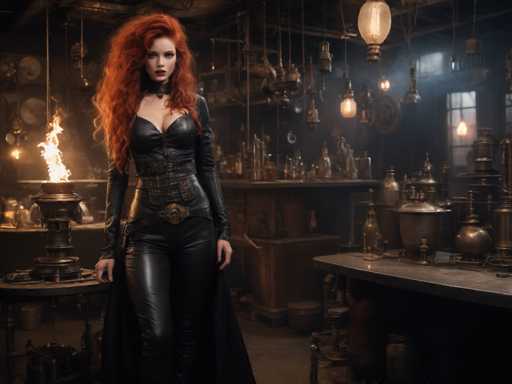 A woman with red hair and a black outfit stands in front of a table filled with various objects including vases, bowls, and candles. The room has an industrial feel due to the presence of pipes and other machinery scattered throughout the space.