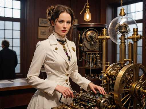 A woman dressed in a white Victorian-era dress stands before an antique mechanical device with gold accents and intricate details. The room is filled with natural light from the windows behind her, illuminating the scene.